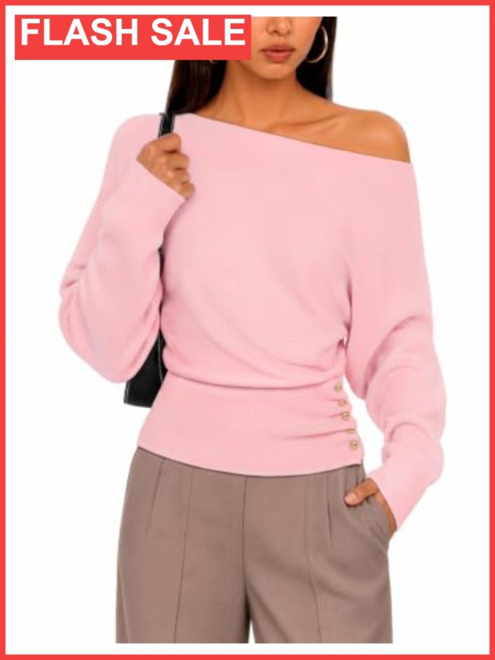 Off Shoulder Pullover Sweater with Gold Buttons & Batwing Sleeves